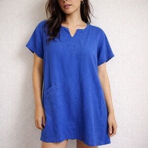 FLAX Blue Linen Coastal Cottage Tunic Dress Pocket Minimalist Large